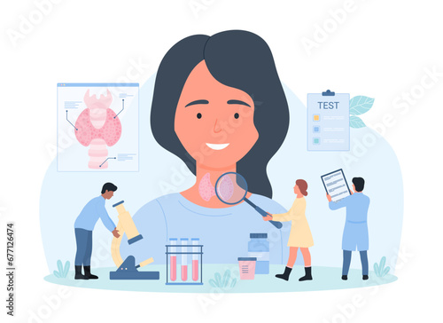 Diagnosis of thyroid disease vector illustration. Cartoon tiny doctors with magnifying glass and microscope for blood analysis test health of thyroid gland and endocrine system of female young patient