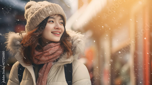  A beautiful Asian woman smiling on a snowy winter day photo