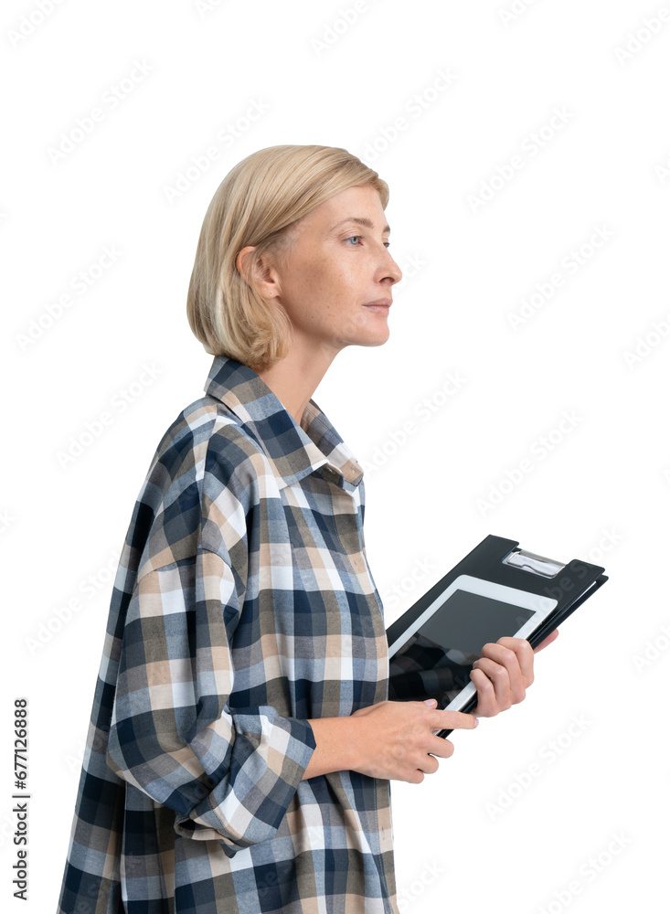 Young woman with clipboard and tablet in hands, isolated over white background Young woman with clipboard and tablet in hands, isolated over white background