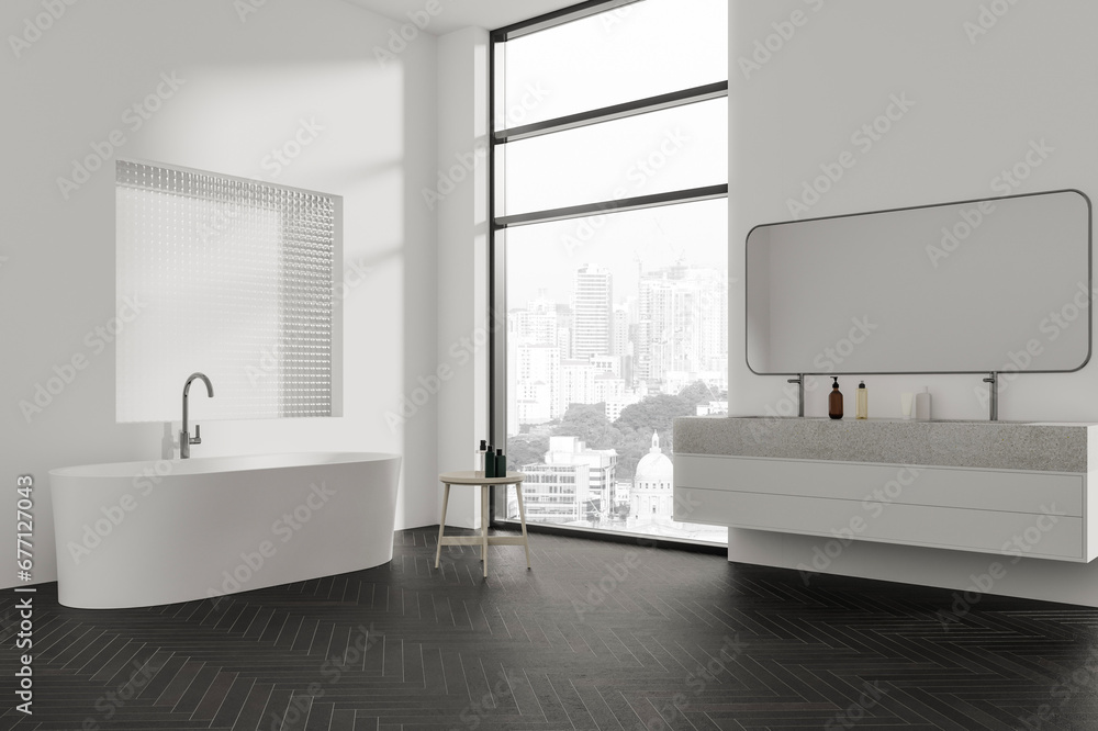 White hotel bathroom interior with sink and bathtub, accessories and window