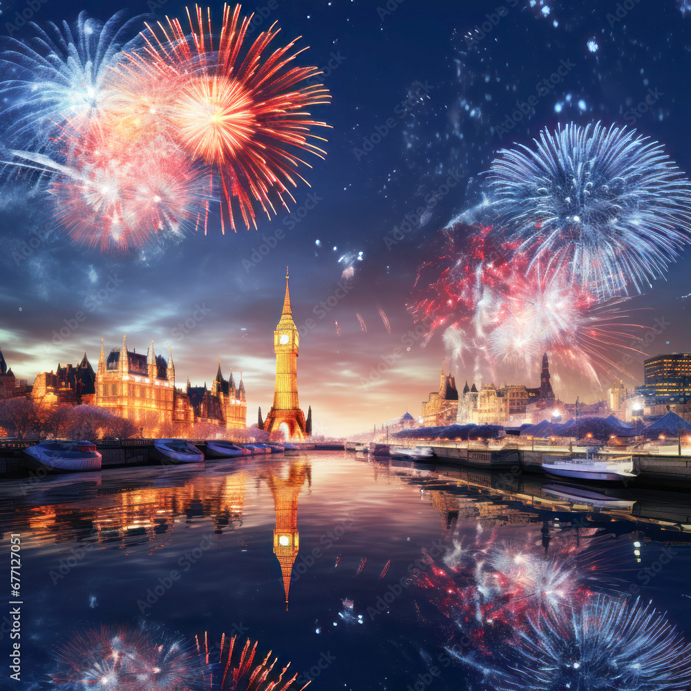 Naklejka premium Fire crackers explosion in the sky. new year celebration