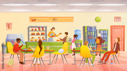Childrens lunch in school canteen vector illustration. Cartoon students eat food at tables in foodcourt interior, hungry boy and girl standing in queue to take tray of meal from worker behind counter