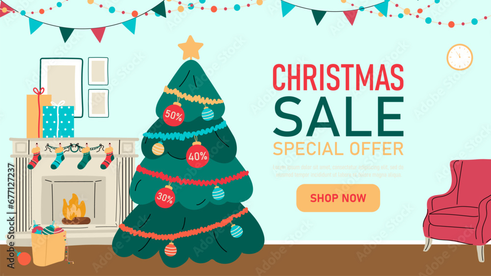 Christmas sale banner with Christmas tree.Vector illustration