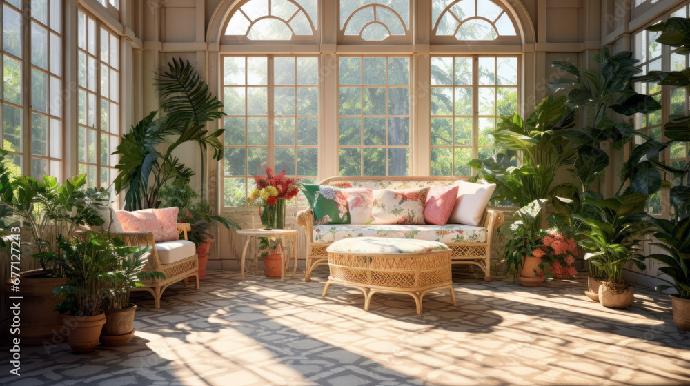 a stylish sunroom with a tile floor and several potted plants and large windows letting in plenty of natural light
