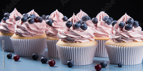 Wunderschöne leckere pink Cupcake mit Heidelbeeren dekoriert Nahaufnahme im Querformat für Banner, ai generativ photo