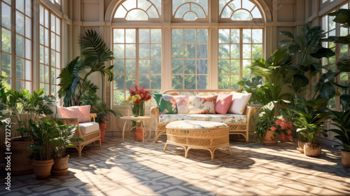a stylish sunroom with a tile floor and several potted plants and large windows letting in plenty of natural light
