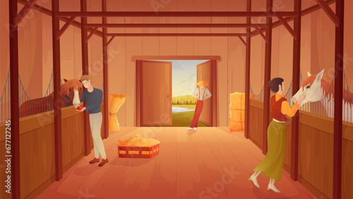 Horse stable interior with people and farm animals inside stalls vector illustration. Cartoon woman and man feed and care for horses in wooden barn, ranch house with open door to summer landscape