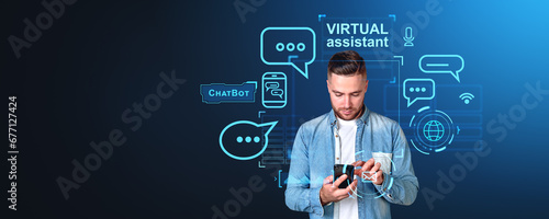 Man with phone and AI virtual assistant