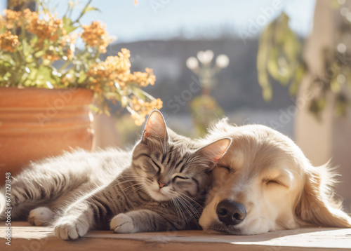 日向ぼっこをしながらお昼寝をする、仲良しの犬と猫のリアルイラスト photo