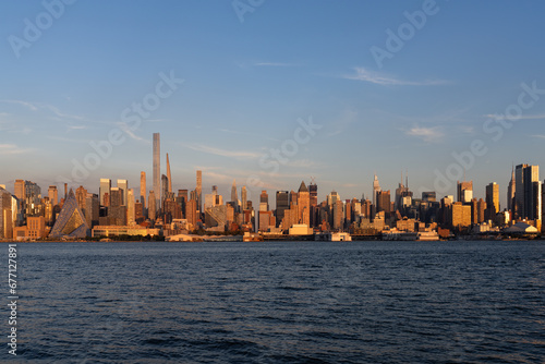 New York west side and panoramic view on skyscrapers at golden hour sunset