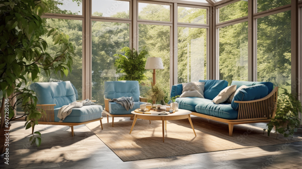 a sunroom with a glass wall and a wooden floor and a blue sofa and two armchairs and a coffee table