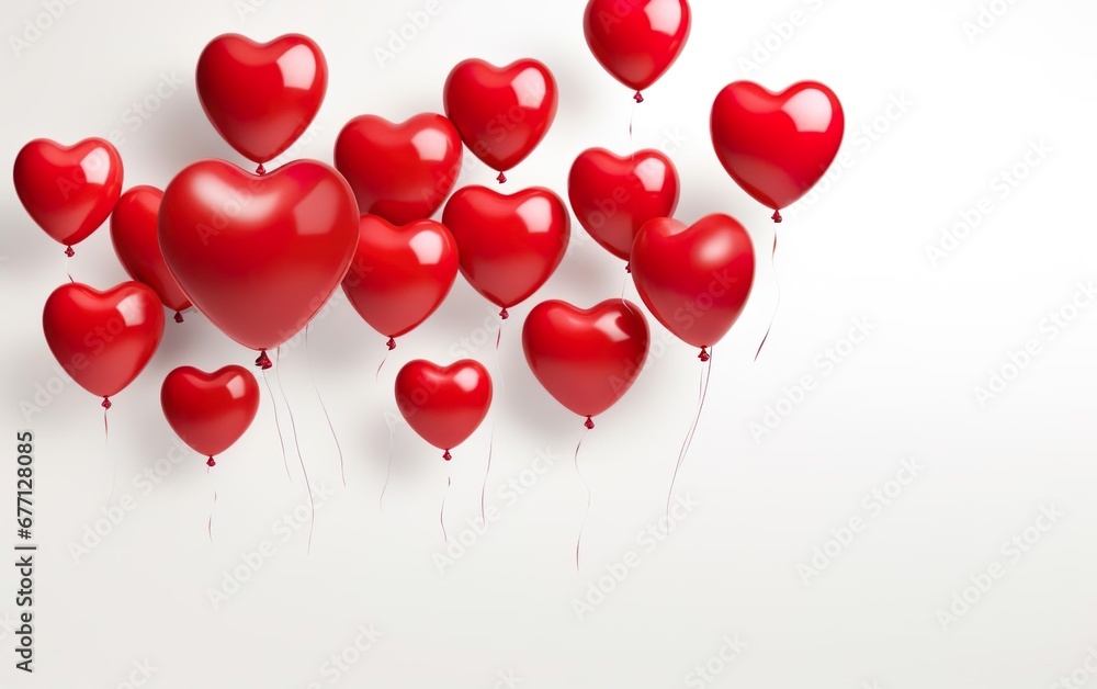 Flying red heart shaped latex balloons isolated on white background. Launching balloons. Valentines day, engagement or wedding party poster. AI Generative
