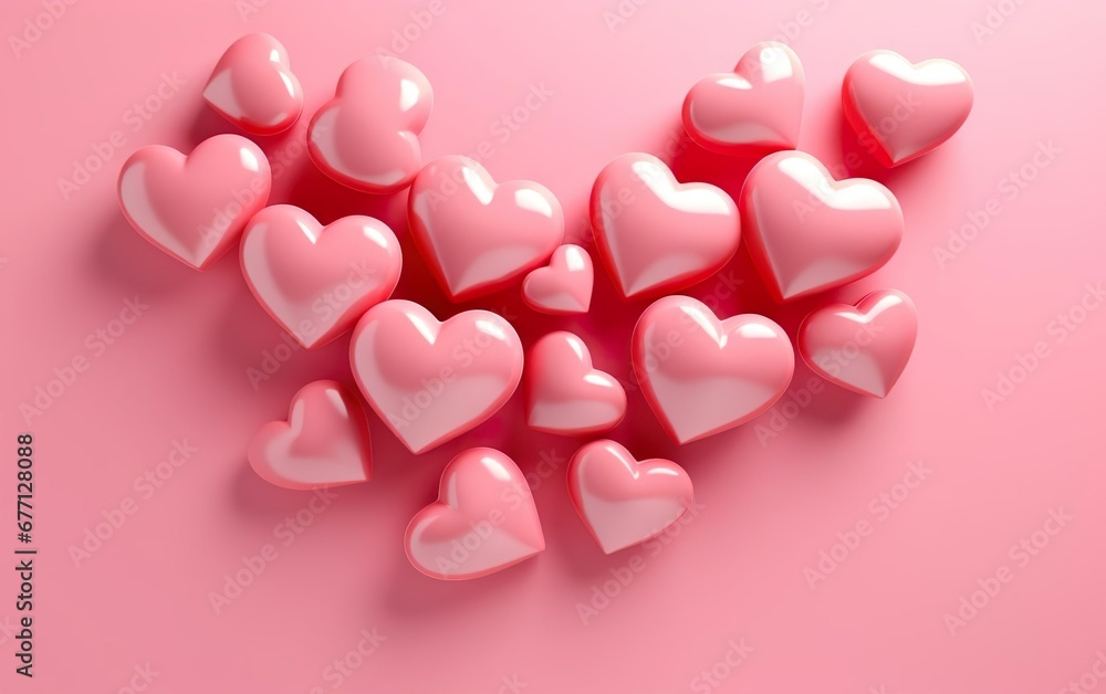 Bunch of pink pastel plastic hearts isolated on warm pink background. Valentines day, engagement or wedding party poster. AI Generative