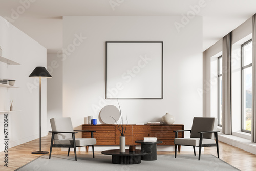 Stylish home living room interior with chairs and drawer, mockup frame