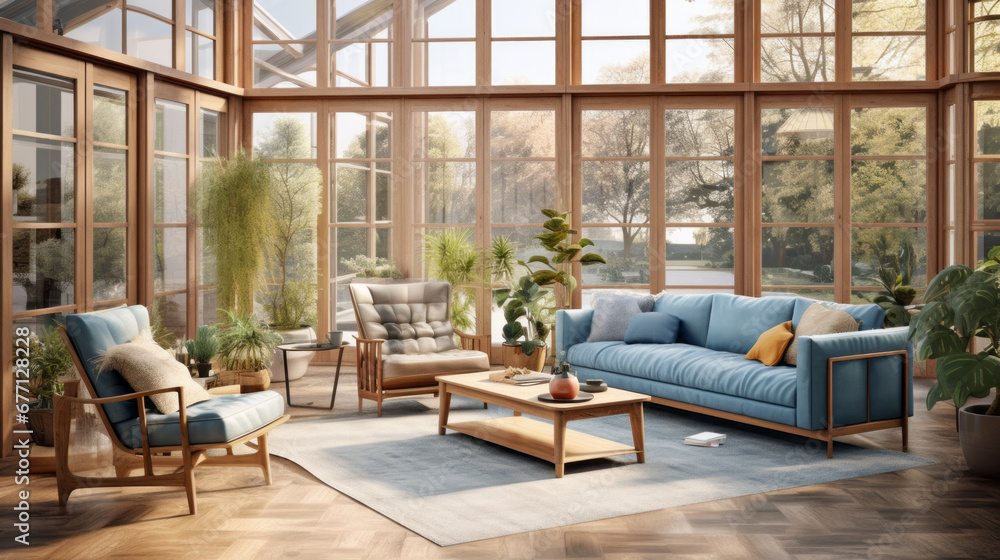 a sunroom with a glass wall and a wooden floor and a blue sofa and two armchairs and a coffee table