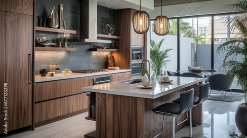 A contemporary kitchen with sleek waterfall countertops, pendant lights, and a built-in coffee station for a modern culinary experience. 