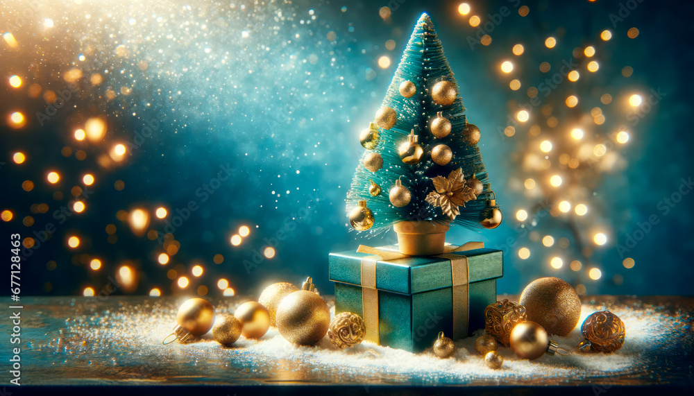 Christmas tree and gift box on the snow with bokeh background. Generative AI