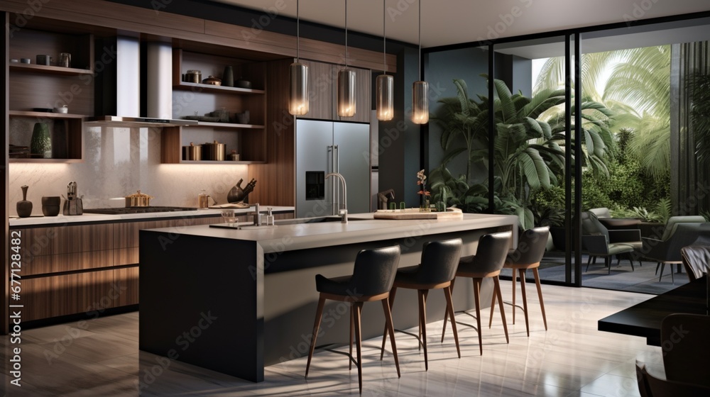 A contemporary kitchen with sleek waterfall countertops, pendant lights, and a built-in coffee station for a modern culinary experience. -