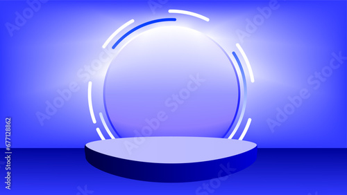 Bright blue light effects behind copy space circle frame and presentation platform showcase background.