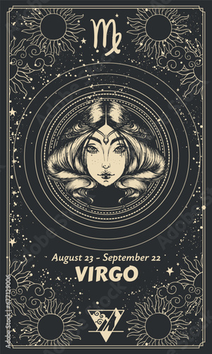 Virgo zodiac sign, mystical horoscope card, magical astrology background. Realistic outline hand drawing, vintage design for calendar.