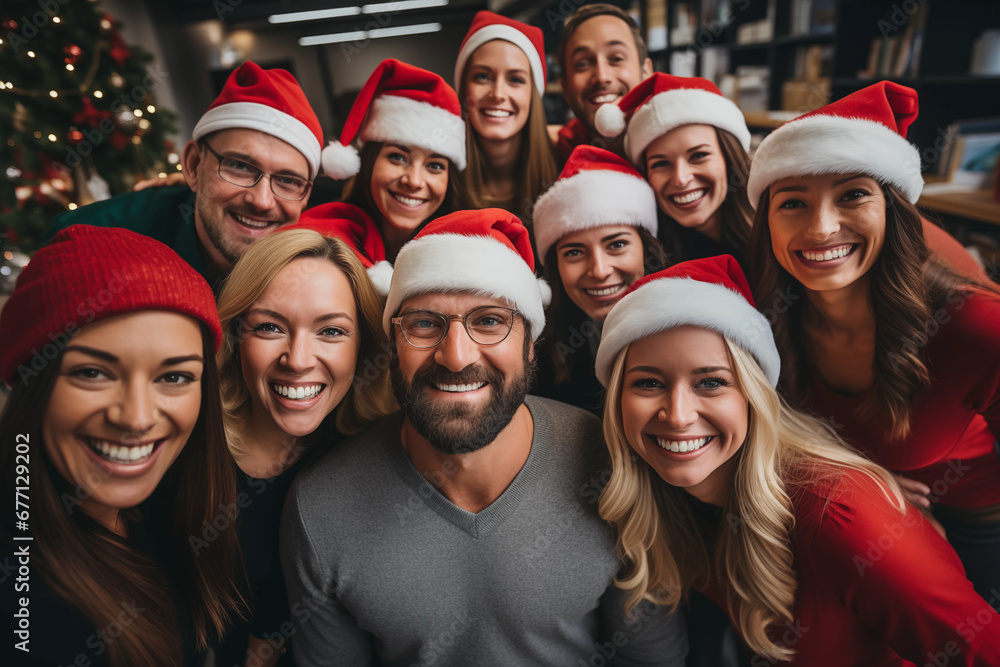 Obraz premium Group of happy friends in santa hat christmas in party. Celebration and holidays concept