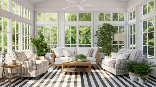 a sunroom with a white tile floor and a striped sofa and a ceiling fan photo