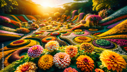 A lush garden brimming with colorful blooms under a radiant sunrise, highlighting an array of tulips and daisies.Generative AI