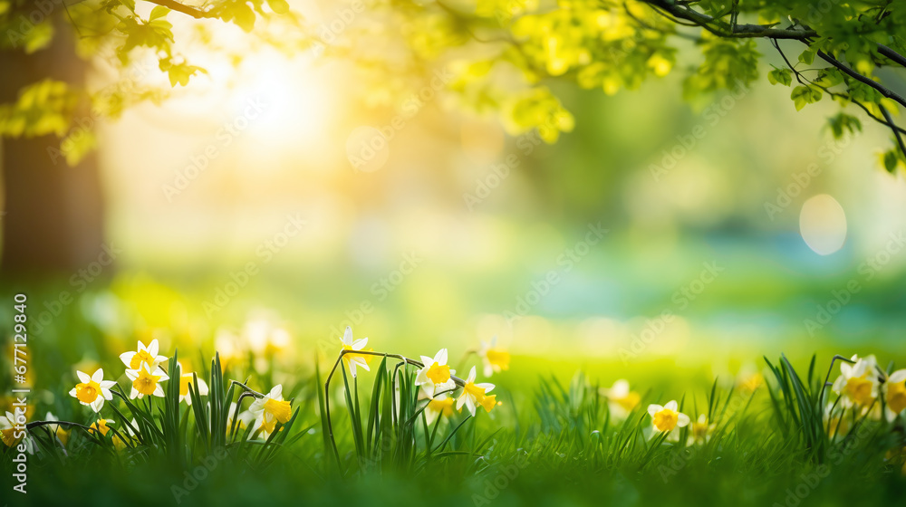 Fototapeta premium daffodil in white and yellwo on a spring meadow with warm light