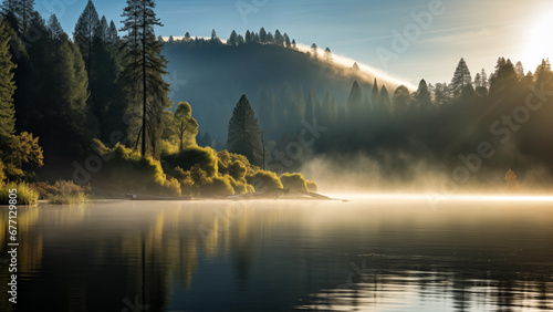 A peaceful landscape of quiet forests, lakes, and fog combined with the morning sunlight