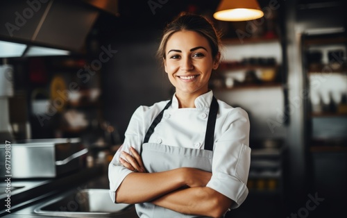 Mujer chef sonriente al frente de su restaurante. Emprendedora. Dia internacional de la mujer.  photo