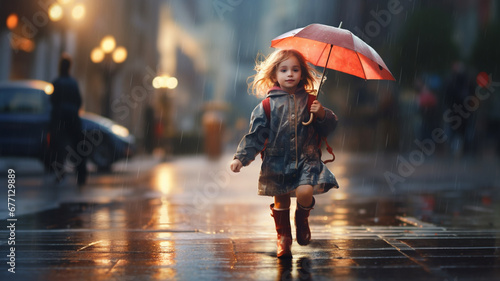 Cute girl holding umbrella walking on the road in the city on rainy day