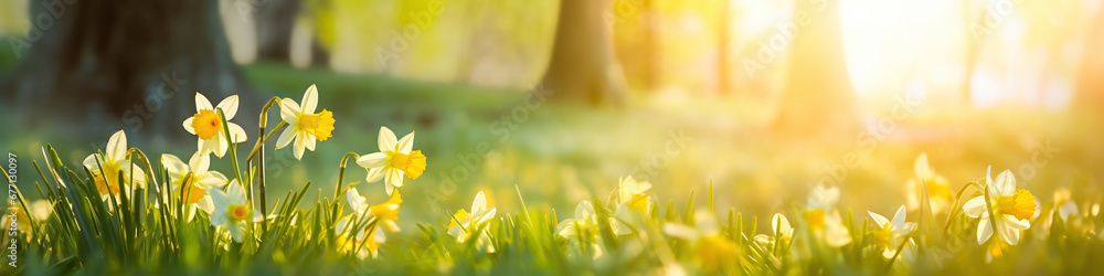 banner daffodil in white and yellwo on a spring meadow with warm light  - obrazy, fototapety, plakaty 