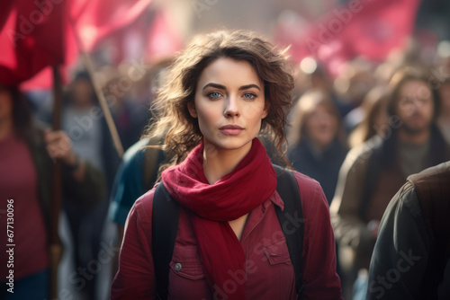 Mujer jóven al frente de una manifestación en el dia internacional de la mujer. Revolución.  photo