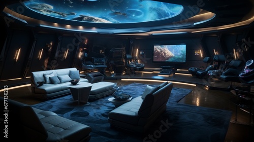 A futuristic entertainment room with state-of-the-art audiovisual equipment, plush recliners, and immersive lighting. 