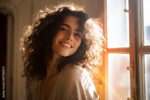 Mujer joven en calma y sonriente, estabilidad emocional y salud mental. Entusiasta. 