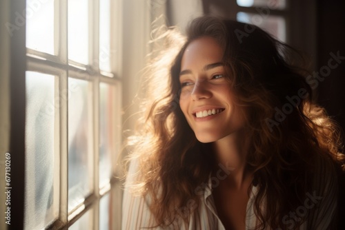 Mujer joven en calma y sonriente, estabilidad emocional y salud mental. Entusiasta. 