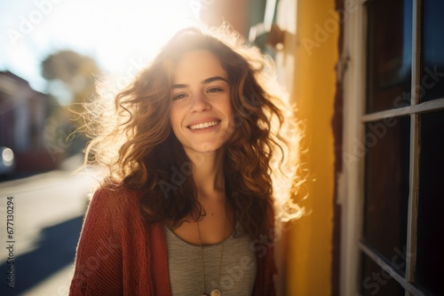 Mujer joven en calma y sonriente, estabilidad emocional y salud mental. Entusiasta. 