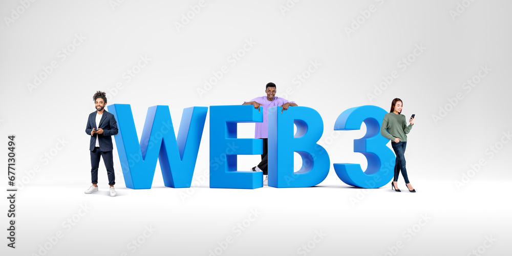 Business team with smartphones standing near web3 sign