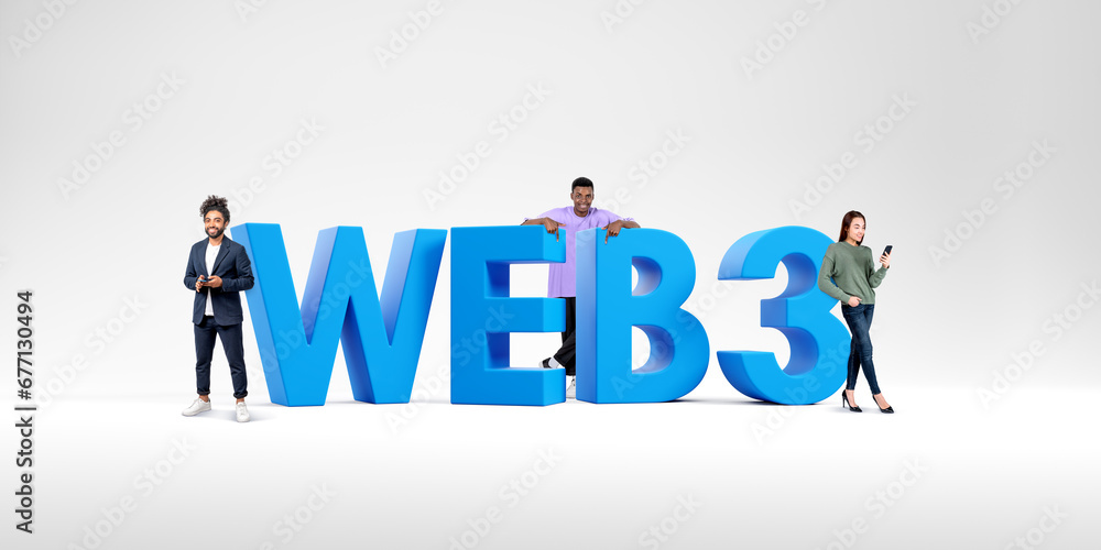 Business team with smartphones standing near web3 sign Business team with smartphones standing near web3 sign