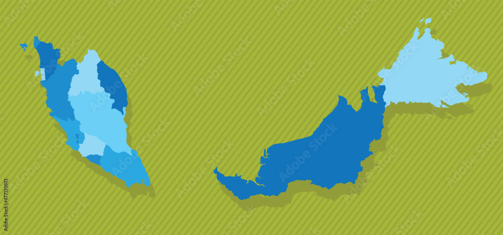 Malaysia map with regions blue political map green background vector illustration