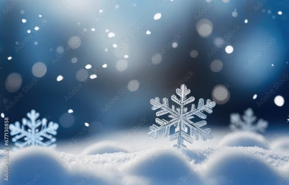 Beautiful decorative snowflakes in the snow against a blue natural background with falling snow and bokeh. Christmas winter background for design Beautiful decorative snowflakes in the snow against a blue natural background with falling snow and bokeh. Christmas winter background for design