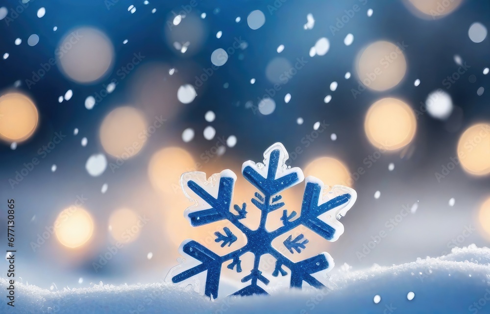 Beautiful decorative snowflakes in the snow against a blue natural background with falling snow and bokeh. Christmas winter background for design Beautiful decorative snowflakes in the snow against a blue natural background with falling snow and bokeh. Christmas winter background for design