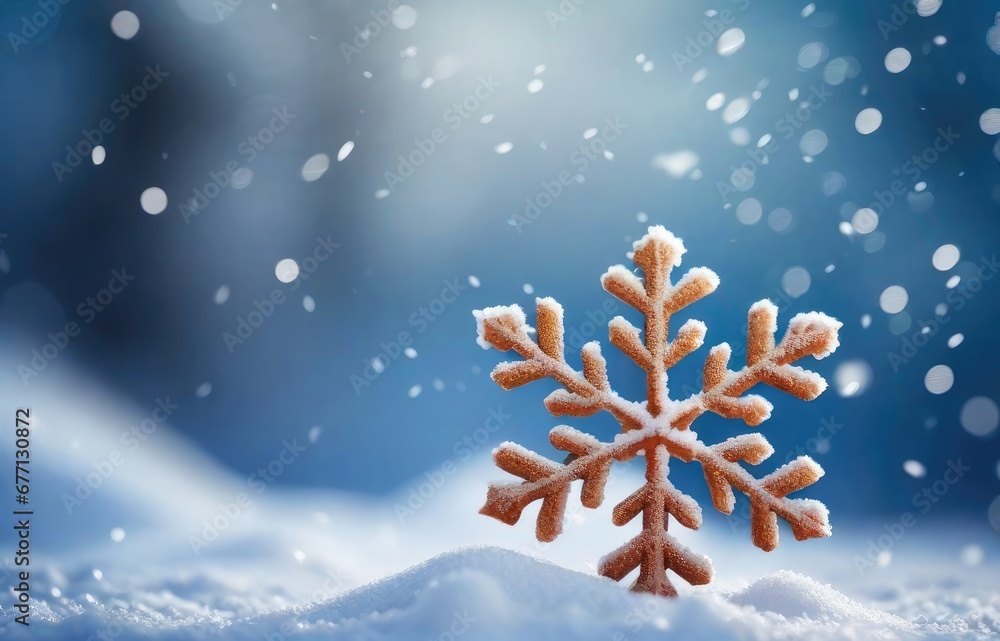 Beautiful decorative snowflakes in the snow against a blue natural background with falling snow and bokeh. Christmas winter background for design Beautiful decorative snowflakes in the snow against a blue natural background with falling snow and bokeh. Christmas winter background for design