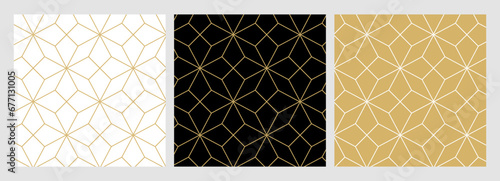 Christmas pattern seamless star and triangle abstract backgrounds set. Collection of holiday design templates with elegant gold luxury color geometric vector lines. 