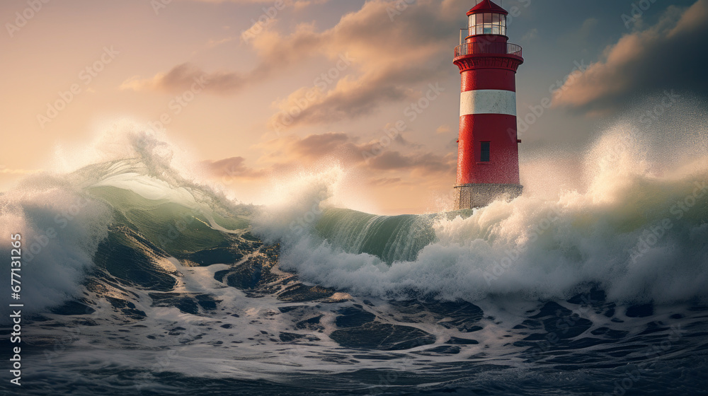 a tall red lighthouse and standing against a backdrop of rolling waves