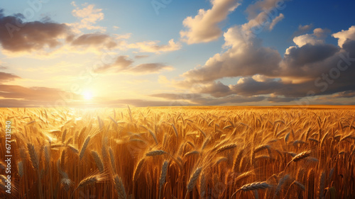 Field of golden wheat against the background of the morning sun in the sky.