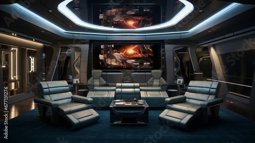 A futuristic home theater with plush recliners, a massive screen, and surround sound for the ultimate cinematic experience. - 