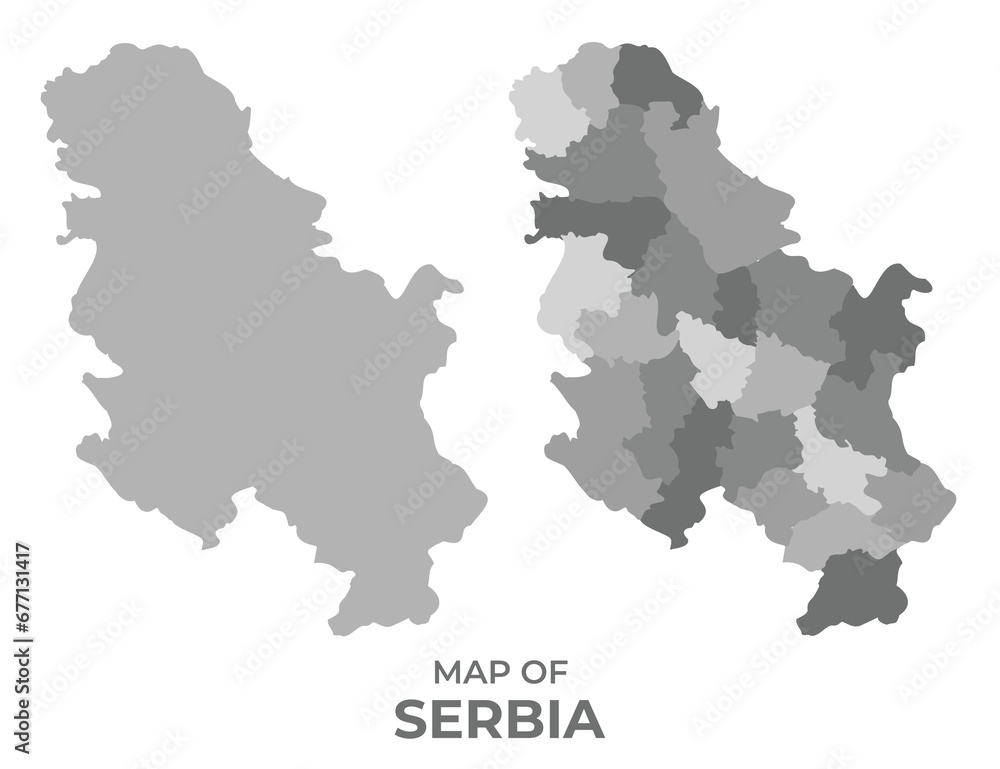 Greyscale vector map of Serbia with regions and simple flat illustration