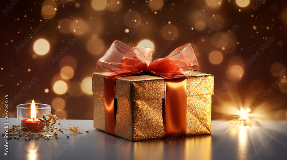 Beautifully wrapped christmas gift in golden color with red bow Beautifully wrapped christmas gift in golden color with red bow