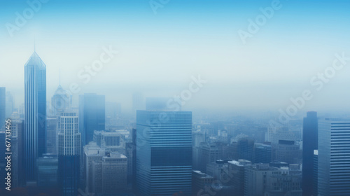 Foggy skyline showcasing tall skyscrapers with varying architectural designs  Blue Monday  most depressing day  background with copy space
